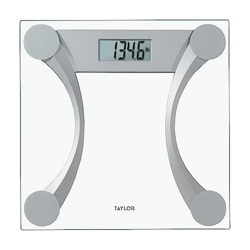 Taylor 400 Lb Capacity Clear Glass Digital Bathroom Scale with Metallic Accents 118inch x 118inch Platform Silver